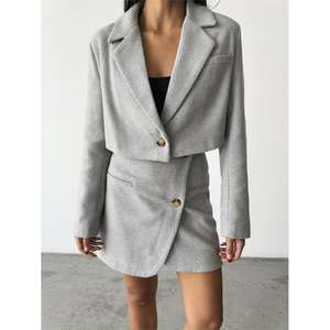 Conjunto de Falda y Chaqueta Corta de Cachemira con Detalle de Botones, Color Gris, para Mujer, Otoño, Estilo Minimalista, Manga Larga, Talla S - Product Image 5