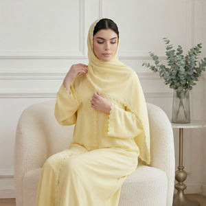Robe en tissu Nida avec <span class=keywords><strong>dentelle</strong></span> florale 2026 pour femmes musulmanes, cardigan ouvert sur le devant avec foulard intégré – Vente en gros - Product Image 3
