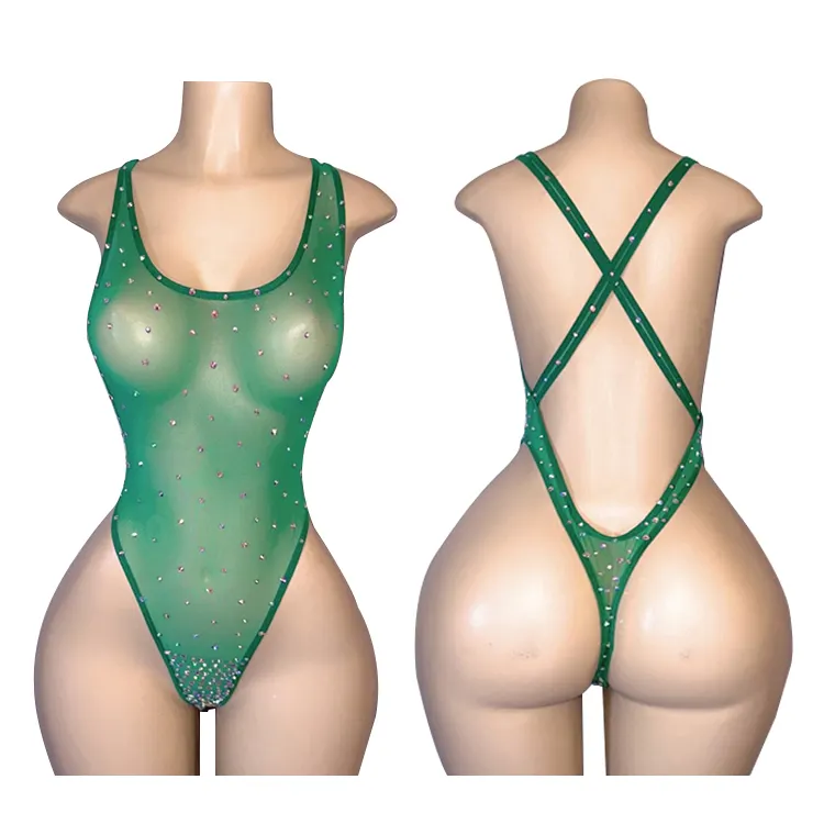 Factory OEM Nylon Mesh One Piece Lingerie Ladies Sexy Rhinestone Exotic Dancewear Women Night Club Clothes Stripper Outfit