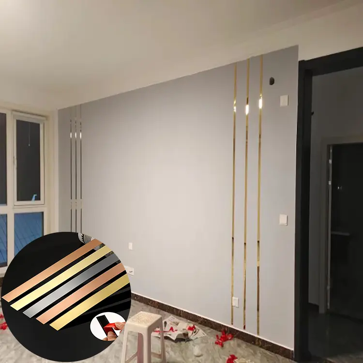 Aço inoxidável Auto-adesivo Wall Strip Para Fundo Transição Linhas decorativas adesivo Metal Gold Espelho Polido Flat Trim