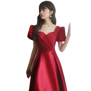 Burgundy Satin Evening Dress Square Neck A-Line Vintage Mid Length For Engagement Party Host - Product Image 4