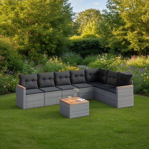 Set Divano da Giardino Modulare in Rattan PE Grigio, Collezione di Mobili da Esterno dal Design Contemporaneo con Cuscini in Schiuma ad Alta Densità - Product Image 2