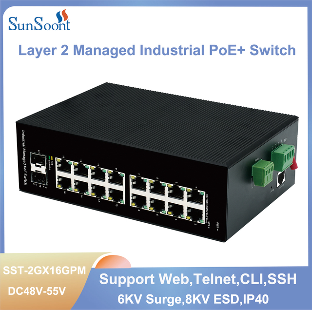Dual Inputs Provide Redundant Power with Overload Current protection 16 Port Industrial Layer 2 Managed Poe Switches