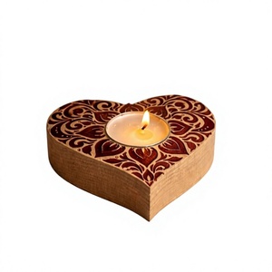 Heart Shape Wooden <b>Tea</b> <b>Light</b> Holder With Embossed Floral Design For Valentine'S Day Home Decoration - Product Image 1