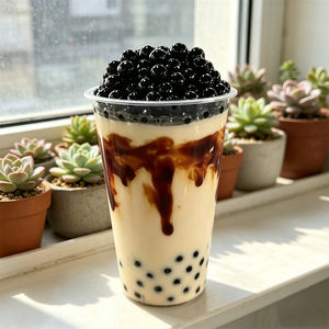 แก้วพลาสติก GREASOURCE รุ่นรักษ์โลก ขนาด 500 มล. ลายคาราเมล สำหรับชานมไข่มุก ขนาด 90 มม. ลายเครป พร้อมไข่มุกสีดำ สำหรับร้านกาแฟและของหวาน - Product Image 2