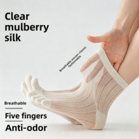 Chaussettes cinq doigts en soie de mûrier 200N pour femme, fines, sans couture, à bout fendu, couleur unie, printemps/été