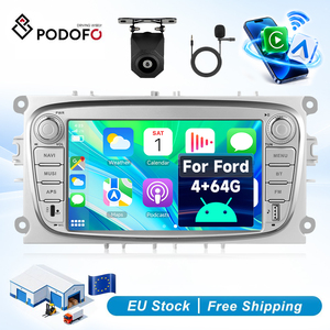 Autoradio Android Podofo 7'' 4+64 Go avec CarPlay/Android Auto sans fil pour Ford Focus S-Max Mondeo Galaxy avec caméra et microphone - Product Image 1