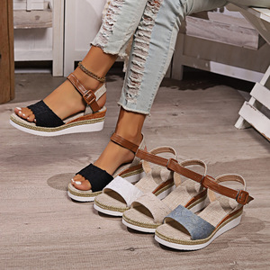 Women Large Hemp Rope Bottom Pine Cake Shoes Thick Sole Ladies Slope Heel Fish Mouth Women's Sandals - Product Image 2