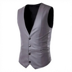 Traje de Invierno para Hombre, Estilo Urbano, Cuello en V, Color Sólido, de Cuero Negro, Cierre de un Solo Botón - Product Image 2