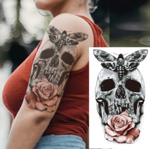 Adesivi per Tatuaggi Temporanei a Forma di Teschio, Neri, Impermeabili, per Arte Corporea, per Uomini e Donne, Braccio e Collo, Design Personalizzato - Product Image 1