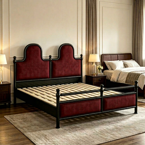 Premium Queen Size Black Metal <b>Bed</b> With Red Velvet Double Arched Upholstered Headboard For Bedroom - Product Image 1