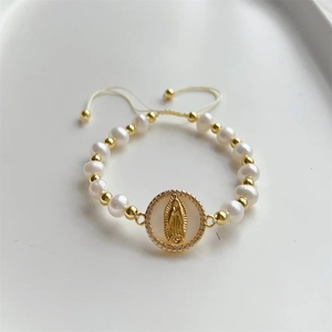 KKBEAD Juego de Pulseras de Perlas Naturales Chapadas en Oro de 18K, Resistentes al Agua, para Mujer, Pulsera de Lujo con Circonia y Cruz de la Virgen María, Cristiana - Product Image 4