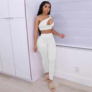 Été <span class=keywords><strong>2022</strong></span>-Top moulant à épaules inclinées et pantalon de sport taille haute-Pantalon sexy 2 pièces-Ensemble pour femmes - Product Image 3
