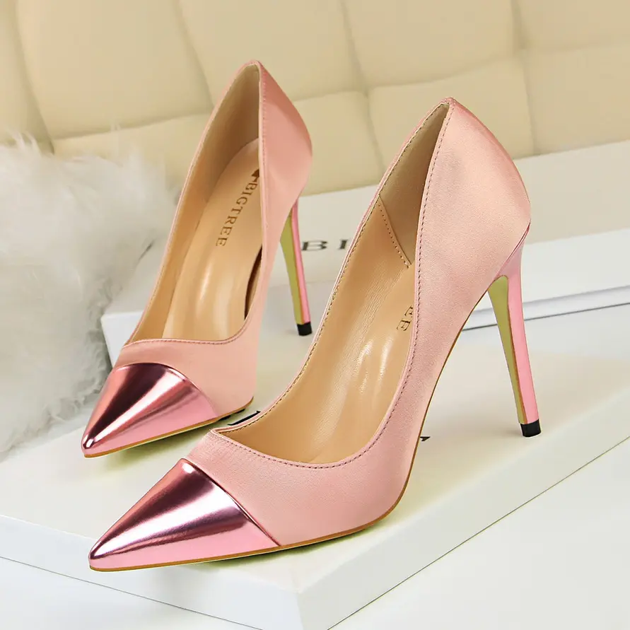 Zapatos De Tacon Silk Pointed Steel Toe Ladies Pink Pump Fashion 2022 High Female Heels Shoes