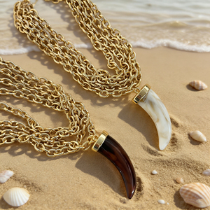 여성을 위한 새로운 금도금 체인 목걸이 펜던트 달 이빨 두꺼운 스티칭 쇄골 장식 패션 목걸이 메탈 기하학 - Product Image 3