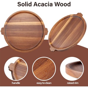 Plateau de service rond en bois d'acacia de 13 pouces avec poignées, plateau décoratif pour table basse ottoman, plateau de service à fromage en bois - Product Image 6