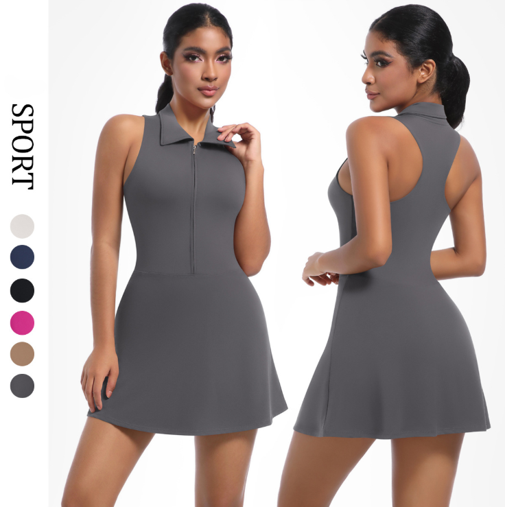 Nude Half Zipper Slimming Yoga Sports Jumpsuit Tennis Dress Women Outdoor Running Fitness Jumpsuit Skirt with Inner Short