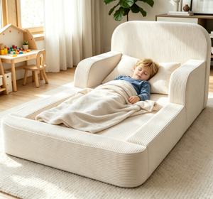 Canapé-lit pour enfants moderne et minimaliste, pliable 2-en-1, fauteuil pour tout-petits, multifonctionnel, coussin en peluche, velours côtelé crème, canapé-lit pour enfants M - Product Image 6