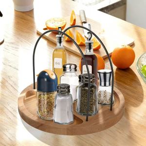 Wooden <b>Rotating</b> Condiment <b>Rack</b> With <b>Spice</b> Jars And Oil Bottles Kitchen Storage Lazy Susan Organizer - Product Image 1