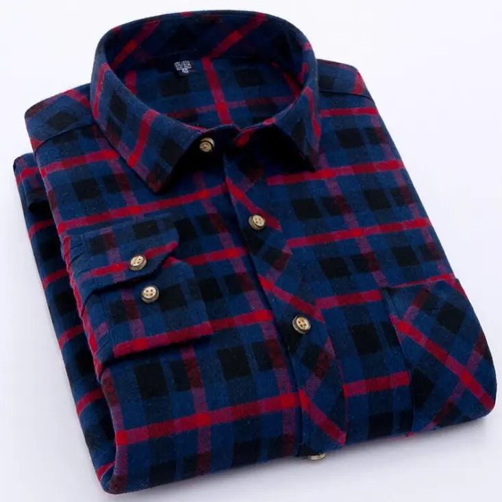 Business Casual Shirt Man Casual All Cotton Brushed Soft Long Sleeve Plaid Button Down Flannel Shirts Thick Shirts For Men