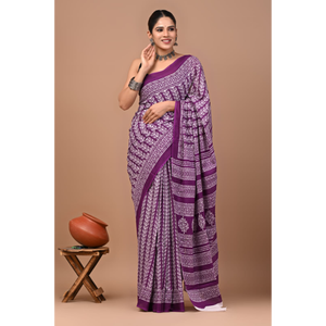 Sari de Algodón Mulmul Estampado con Blusa a Juego, Sari de Algodón Mulmul Ligero y Elegante - Cómodo para Uso Diario - Product Image 1