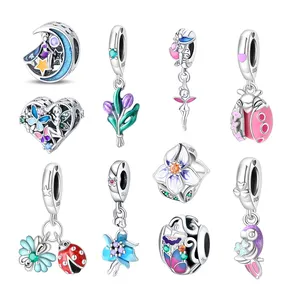 S925 argent Sterling charme perles perroquet tulipe fleur papillon Ballet fée pendentif Original bricolage bracelet à breloques pour femmes cadeaux