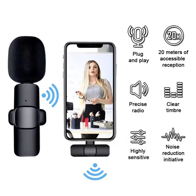 Wireless Lavalier Microphone 2 in 1 Noise Cancellation Portable Mini for Iphone Android Live Streaming Tiktok Vlog Recording