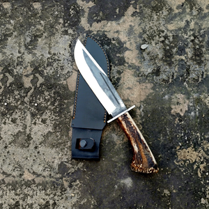 Couteau de chasse artisanal, lame en acier carbone, pointe tombante, manche en bois de cerf, étui en cuir, outil EDC pour l'extérieur - Product Image 1