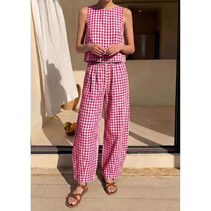 Conjunto de 2 Piezas para Mujer, Top sin Mangas a Cuadros y Pantalones Anchos, Estilo Casual de Verano, Transpirable, de Algodón y Fibra de Bambú - Product Image 5