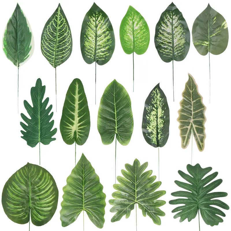 Daun hijau tanaman buatan dedaunan tropis sutra musim untuk dekorasi pantai hutan pesta Hawaii daun tunggal