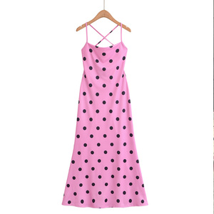 Vestido midi rosa de lunares con tirantes finos, cintura imperio, estampado casual, ajustado, sin mangas, de punto, para fiesta de verano - Product Image 6