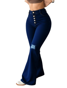 Jean en denim évasé taille haute pour femme, style urbain, élastique, déchiré, longueur intégrale avec détails boutonnés, style automne - Product Image 1