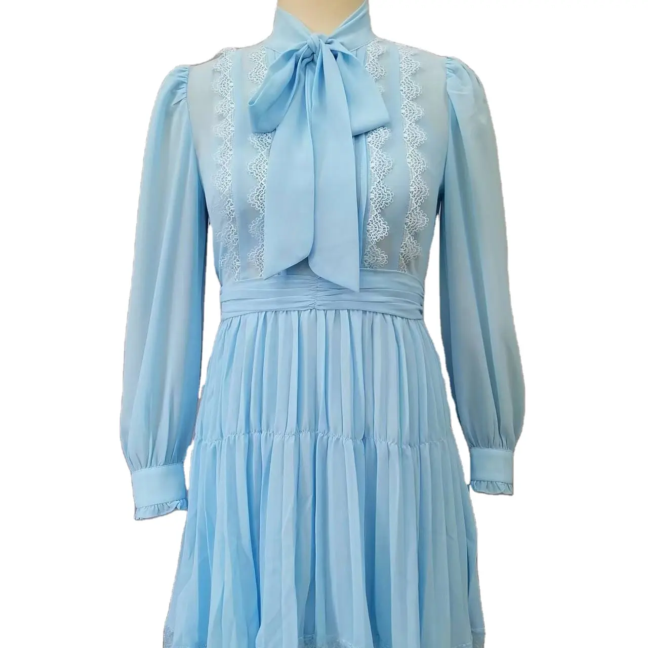 New Fashion Ladies Solid Color Mini Light Blue Dress With Long Sleeves and Lace Trims Women's Sweet Dress With Good Quality