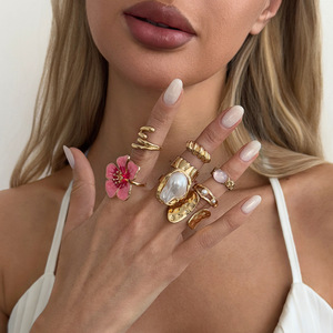 European American Fashion <b>Gold</b> Plated Twisted Big Pearl <b>Rings</b> Big Pink Flower <b>Ring</b> <b>Set</b> for Women Girls Gifts - Product Image 2