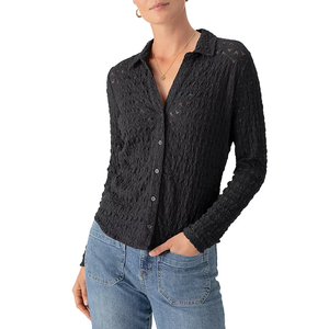 <span class=keywords><strong>Blusa</strong></span> de Punto Texturizado <span class=keywords><strong>Negra</strong></span> para Mujer, Superventas 2026, Nueva Camisa con <span class=keywords><strong>Cuello</strong></span> Camisero, <span class=keywords><strong>Manga</strong></span> Larga y Botones para Oficina y Uso Casual - Product Image 1