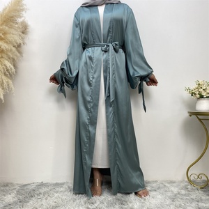 Solid Color Dubai Abaya Made in Lightweight Thin Satin with Long Sleeves Side <b>Pockets</b> for Muslim Women 1934# - Product Image 4