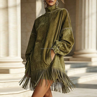 Robe Courte Décontractée en Daim pour Femme, Col Roulé Vintage, Manches Longues, Franges et Pompons, Coupe Ample, Style Mini, Personnalisable OEM