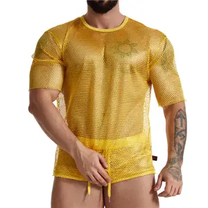 OEM özel See Through sarı tankı üstleri erkekler seksi fishnet iç çamaşırı seti erkek erotik şeffaf Boxer kısa örgü iç çamaşırı erkekler için