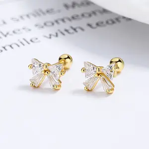 925 Sterling Silver Sweet Bow Zircon Thread Earrings Women's New Fashionable Ear Bone Studs Simple And Elegant Ear Accessories