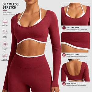 Camiseta de Yoga sin Costuras para Mujer, Manga Larga, Efecto Dos Piezas, Espalda en U Profunda, Camiseta Deportiva Moldeadora para Pilates, Gimnasio y Entrenamiento - Product Image 3