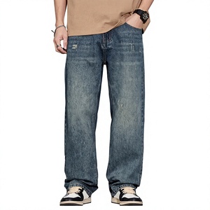 Jean droit vintage bleu pour homme, en denim délavé, coupe décontractée, détails usés, style streetwear, respirant - Product Image 1