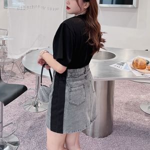 กระโปรงยีนส์ Runqi N8088 สีเทาควันบุหรี่ ทรงพลัสไซส์สำหรับผู้หญิง แต่งสีบล็อก ผ้าฝ้ายเนื้อแน่น เอวธรรมชาติ - Product Image 4