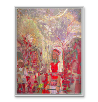 Peinture à l'huile murale sur toile faite à la main, vue sur rue de bâtiments rouge vif, style ethnique moderne, décoration intérieure pour la maison, Ramadan, mariage
