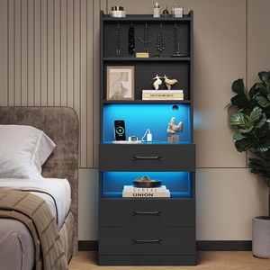 Tall Nightstand with Charging Station and LED Lights, Large Black <b>Night</b> <b>Stand</b> Bookshelf, Modern Bedside Table Shelves - Product Image 1