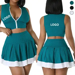 Womens Plus Size Golf Tennis Skirts Sets Zipper Sports Bra Pleated Mini Skirt Yoga Gym Badminton Skirt Suit Workout Sportswear