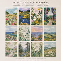 Cartes de vœux d'anniversaire sur le thème des paysages artistiques, cartes en papier plat imprimées recto-verso personnalisées avec espace pour messages personnels