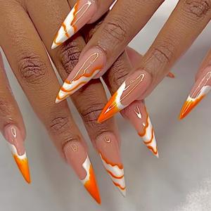 Faux ongles à presser style européen et américain, motif vague orange, design français minimaliste, amovibles, vente en gros - Product Image 1