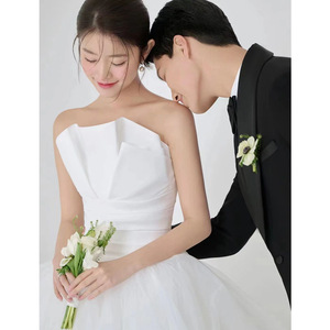 Strapless A-Line White Tulle Wedding Dress Natural Waist Simple Folds Petite Bride Travel Photoshoot Dress - Product Image 3