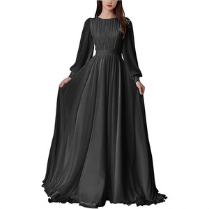 Robe de mariée élégante coupe trapèze, col rond, manches longues, couleur unie, robe de soirée pour femme, tissu polyester bleu - Product Image 2