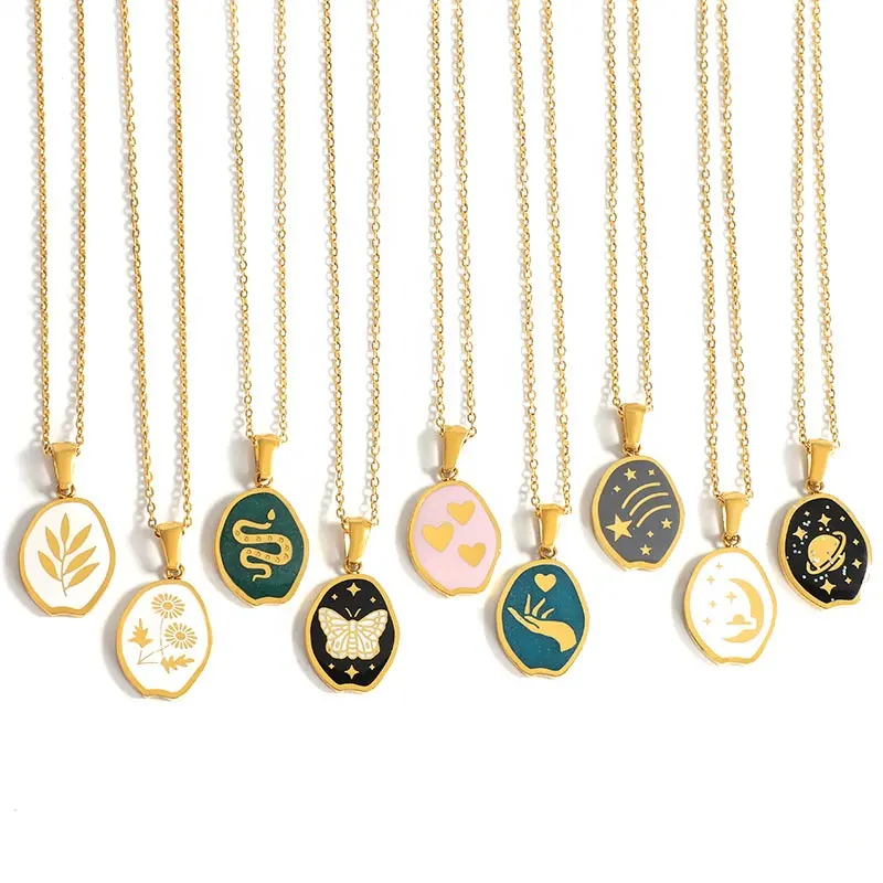 Personalized Jewelry 18K Gold Plated Stainless Steel Star Butterfly Snake Daisy Leaf Moon Saturn Planet Pendants Enamel Necklace